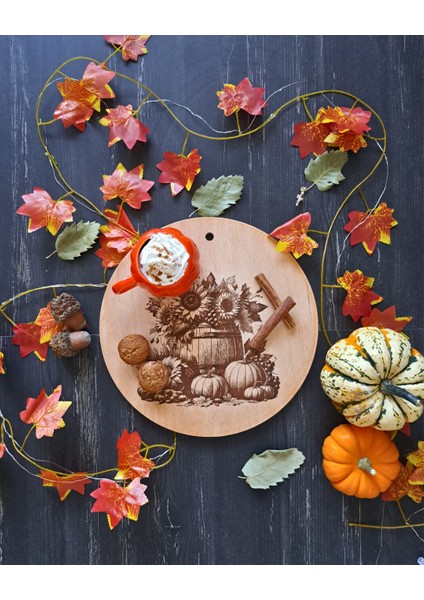 Balkabağı Temalı Ahşap Yuvarlak Kesme Tahtası fırsatları