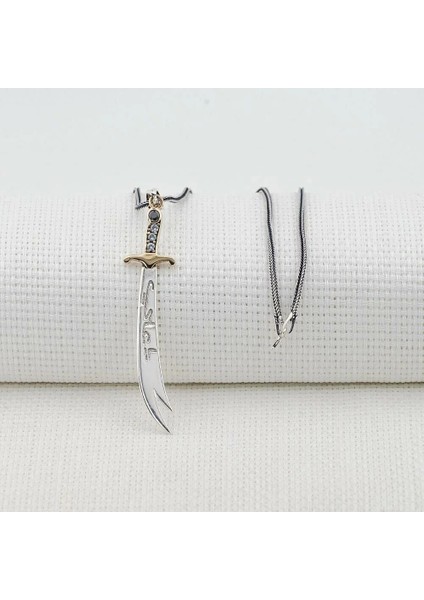 Hz Ali Yazılı Zulfikar Kalın Zincirli 925 Ayar Gümüş Erkek Kolye