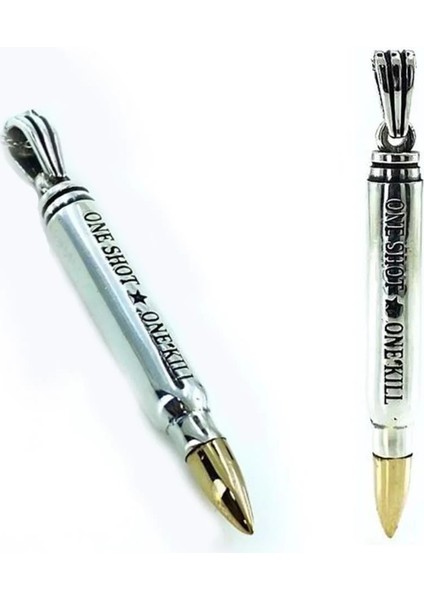 Mermi Tasarımlı One Shot One Kill Yazılı 925 Ayar Gümüş Erkek Kolye