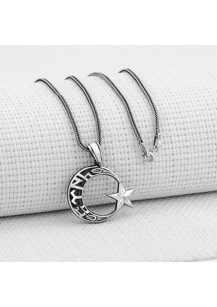 Göktürkce Türk Yazılı Ayyıldız 925 Ayar Gümüş Erkek Kolye