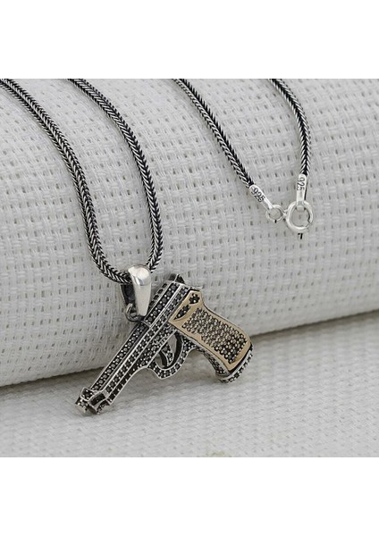 Özel Tabanca Tasarımlı 925 Ayar Gümüş Erkek Kolye
