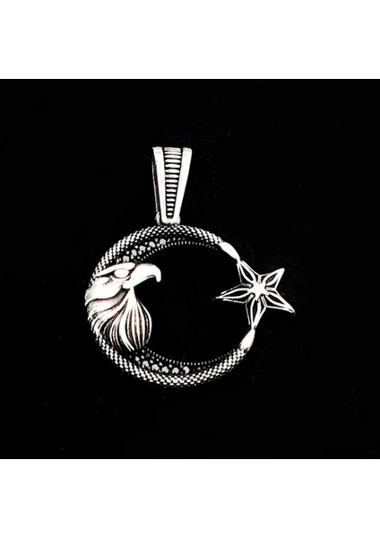 Ay Yıldız Kartal Başlı 925 Ayar Gümüş Erkek Kolye Ucu