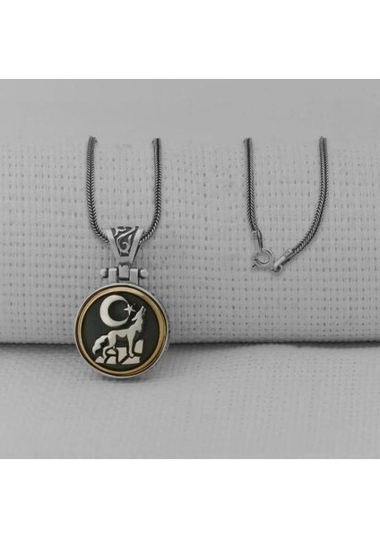 Uluyan Kurt Ay Yıldız Ortası Dönen 925 Ayar Gümüş Erkek Kolye