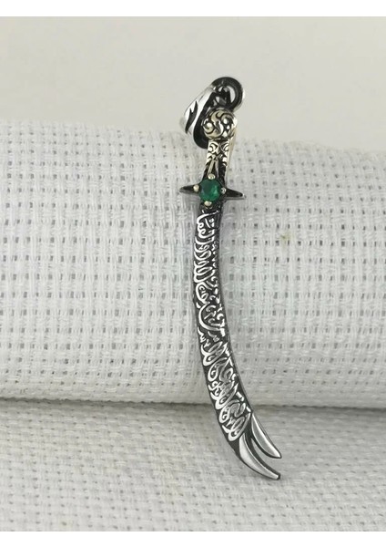 Yeşil Taşlı La Fetta Illa Ali La Seyfe Illa Zülfikar Yazılı 925 Ayar Gümüş Erkek Kolye