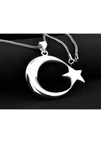 Ay Yıldız Büyük Boy 925 Ayar Gümüş Erkek Kolye