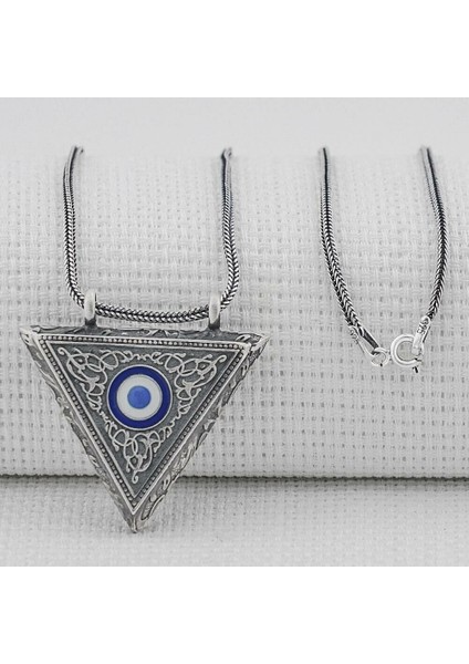 Nazar Boncugu Tasarımlı Üçgen Muska Kebir Dualı Cevşen 925 Ayar Gümüş Erkek Kolye