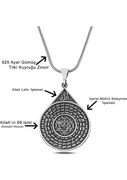 Esmahul Husna Dua Işlemeli Mührü Süleyman 925 Ayar Gümüş Erkek Kolye