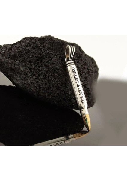 Mermi Tasarımlı One Shot One Kill Yazılı 925 Ayar Gümüş Erkek Kolye Ucu