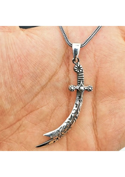 Hz Ali Yazılı Zulfikar Kalın Zincirli 925 Ayar Gümüş Erkek Kolye