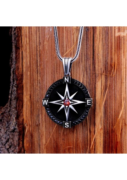 Zirkon Taşlı Pusula 925 Ayar Gümüş Erkek Kolye