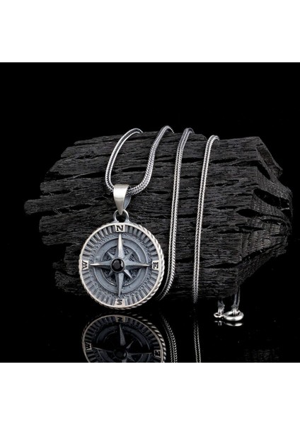 Zirkon Taşlı Yön Pusulası 925 Ayar Gümüş Erkek Kolye