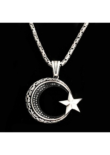 Ay Yıldızlı Kral Zincir 925 Ayar Gümüş Erkek Kolye