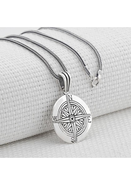 Pusula 925 Ayar Gümüş Erkek Kolye