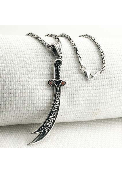 Kırmızı Taşlı La Feta Illa Ali La Seyfe Iila Zulfikar Kral Zincir 925 Ayar Gümüş Erkek Kolye