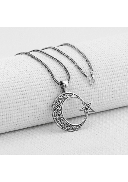 Ay Yıldız Tasarımlı 925 Ayar Gümüş Erkek Kolye