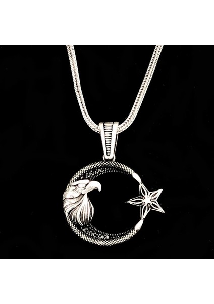 Ay Yıldız Kartal Başlı 925 Ayar Gümüş Erkek Kolye