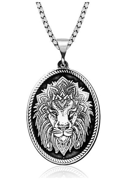 Aslan Kafası Motifli 925 Ayar Gümüş Erkek Kolye