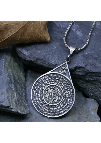Esmahul Husna Dua Işlemeli Mührü Süleyman 925 Ayar Gümüş Erkek Kolye