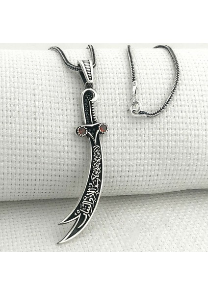 Kırmızı Taşlı La Feta Illa Ali La Seyfe Iila Zulfikar Kral Zincir 925 Ayar Gümüş Erkek Kolye