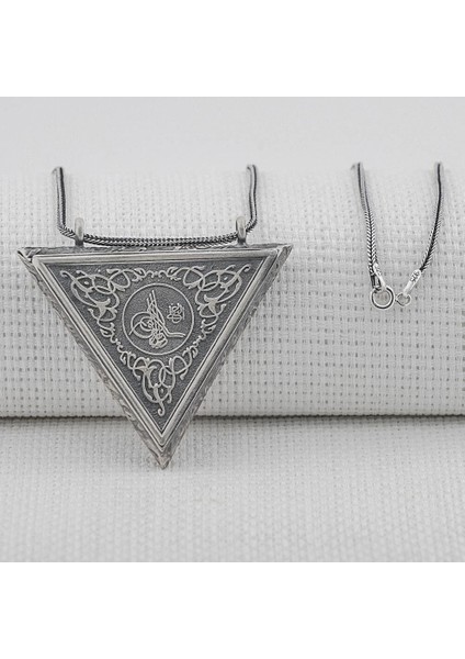 Osmanlı Tuğralı Kalın Zincirliüçgen Muska Kabi Büyük Boy 925 Ayar Gümüş Erkek Kolye