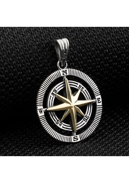 Çift Taraflı Pusula 925 Ayar Gümüş Erkek Kolye Ucu