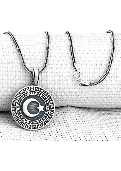 Göktürk Alfabesi Yazılı Ay Yıldız 925 Ayar Gümüş Erkek Kolye