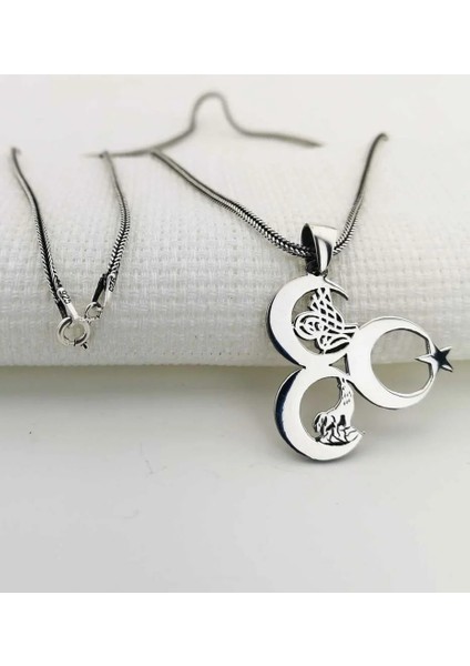 Üç Hilal Tuğra ve Bozkurt Motifli 925 Ayar Gümüş Erkek Kolye