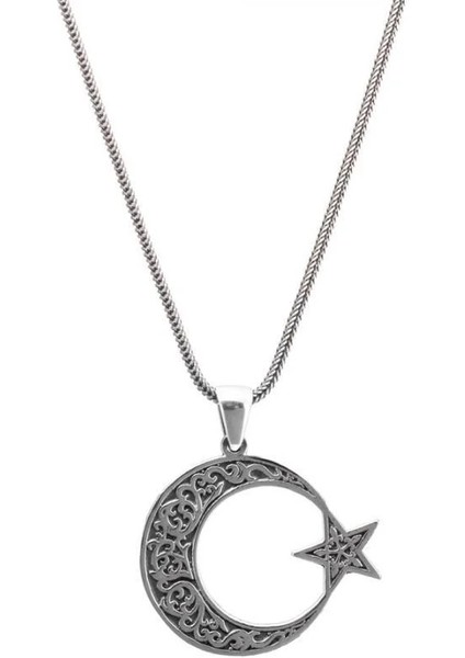 Ay Yıldızlı 925 Ayar Gümüş Erkek Kolye