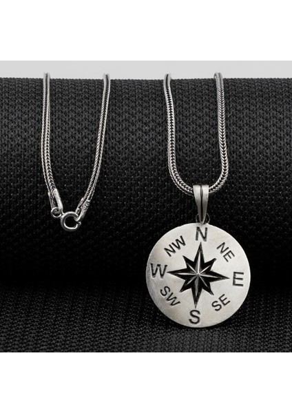 Pusula Tasarımlı 925 Ayar Gümüş Erkek Kolye