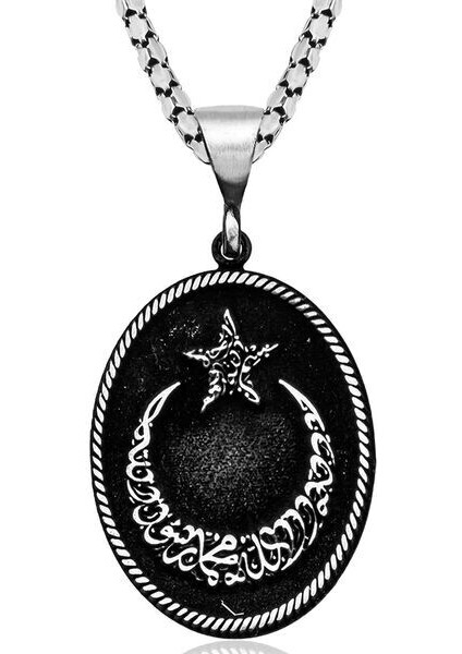 Ay Yıldız I Tevhit Yazılı 925 Ayar Gümüşerkek Kolye