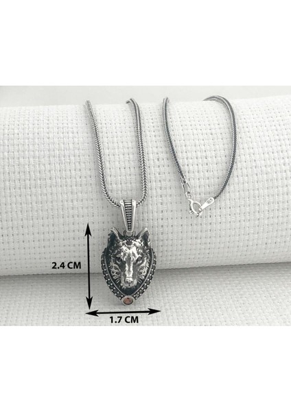 Kırmızı Taşlı Kurt Kafası 925 Ayar Gümüş Erkek Kolye