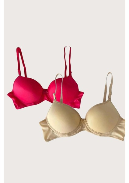 Kırmızı-Ten 2'li Mikro Kumaş Içi Boş Balenli Günlük Desteksiz Sütyen