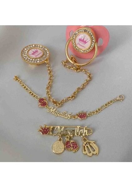 Altın Kaplama Zirkon Taşlı Emzik Seti – Maşallah Iğnesi & Bebek Künyesi Dahil