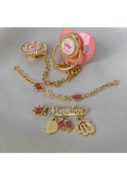 Altın Kaplama Zirkon Taşlı Emzik Seti – Maşallah Iğnesi & Bebek Künyesi Dahil fiyatları