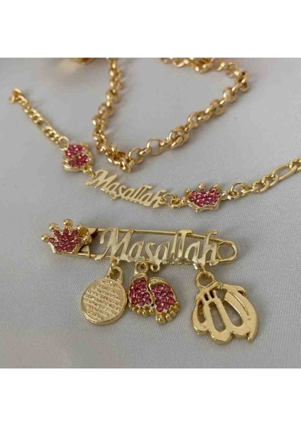 Altın Kaplama Zirkon Taşlı Emzik Seti – Maşallah Iğnesi & Bebek Künyesi Dahil indirimleri