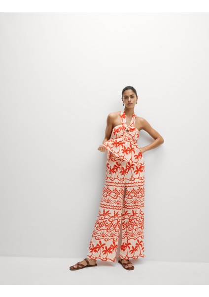 Saf Pamuklu Desenli Kısa Plaj Üstü