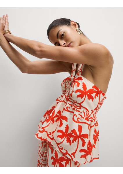 Saf Pamuklu Desenli Kısa Plaj Üstü