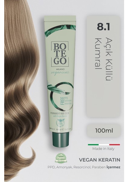 Organica Organik Saç Boyası - 8.1 Açık Küllü Kumral 100 ml - Amonyaksız, Kokusuz, Vegan