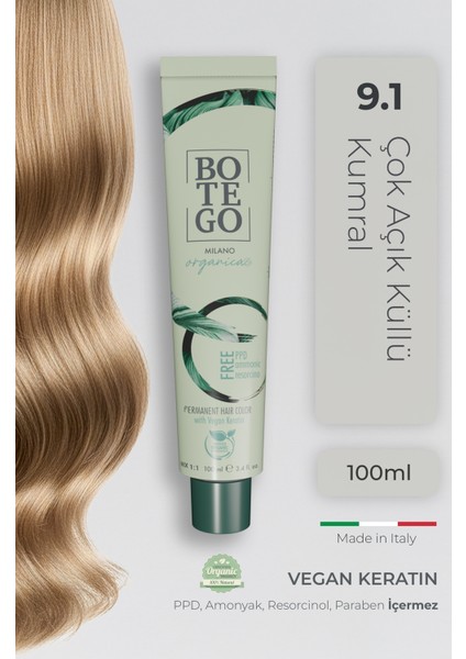 Organica Organik Saç Boyası - 9.1 Çok Açık Küllü Kumral 100 ml - Amonyaksız, Kokusuz, Vegan