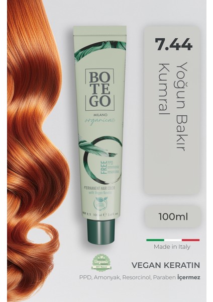 Organica Organik Saç Boyası - 7.44 Yoğun Bakır Kumral 100 ml - Amonyaksız, Kokusuz, Vegan