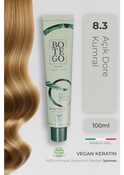 Organica Organik Saç Boyası - 8.3 Açık Dore Kumral 100 ml - Amonyaksız, Kokusuz, Vegan