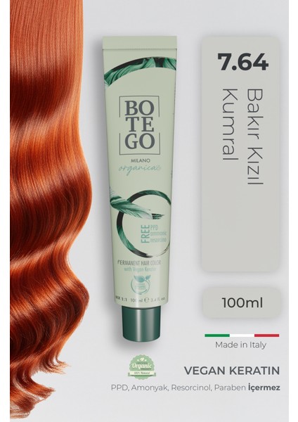 Organica Organik Saç Boyası - 7.64 Bakır Kızıl Kumral 100 ml - Amonyaksız, Kokusuz, Vegan