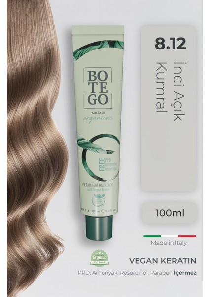 Organica Organik Saç Boyası - 8.12 İnci Açık Kumral 100 ml - Amonyaksız, Kokusuz, Vegan