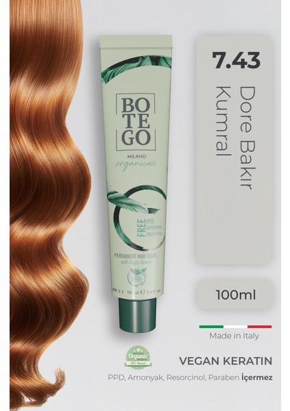 Organica Organik Saç Boyası - 7.43 Dore Bakır Kumral 100 ml - Amonyaksız, Kokusuz, Vegan