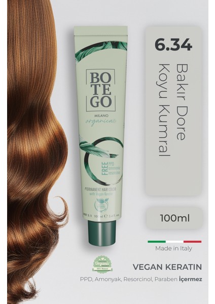 Organica Organik Saç Boyası - 6.34 Bakır Dore Koyu Kumral 100 ml - Amonyaksız, Kokusuz, Vegan