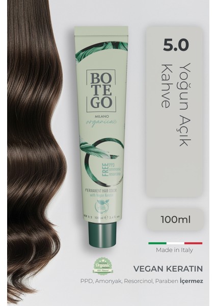 Organica Organik Saç Boyası - 5.0 Yoğun Açık Kahve 100 ml - Amonyaksız, Kokusuz, Vegan