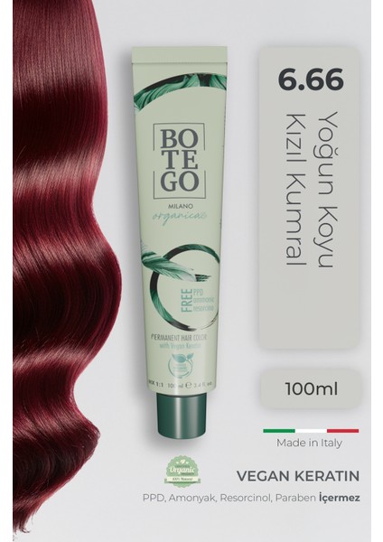 Organica Organik Saç Boyası - 6.66 Yoğun Koyu Kızıl Kumral 100 ml - Amonyaksız, Kokusuz, Vegan