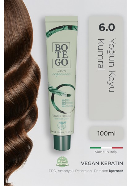 Organica Organik Saç Boyası - 6.0 Yoğun Koyu Kumral 100 ml - Amonyaksız, Kokusuz, Vegan