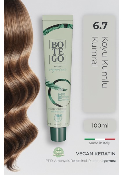 Organica Organik Saç Boyası - 6.7 Koyu Kumlu Kumral 100 ml - Amonyaksız, Kokusuz, Vegan