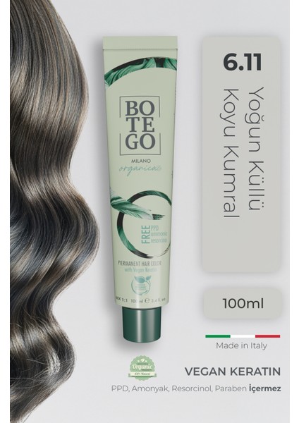 Organica Organik Saç Boyası - 6.11 Yoğun Küllü Koyu Kumral 100 ml - Amonyaksız, Kokusuz, Vegan